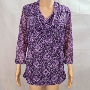 Dana Buckman Women (M) Purple & Black 3/4 Sleeve Cowl Neck Ruched Side Tunic Top